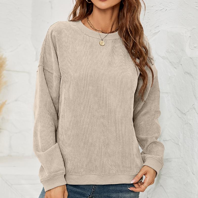 Women's Corduroy Sweatshirt Casual Round Neck Pullover Long Sleeve Top