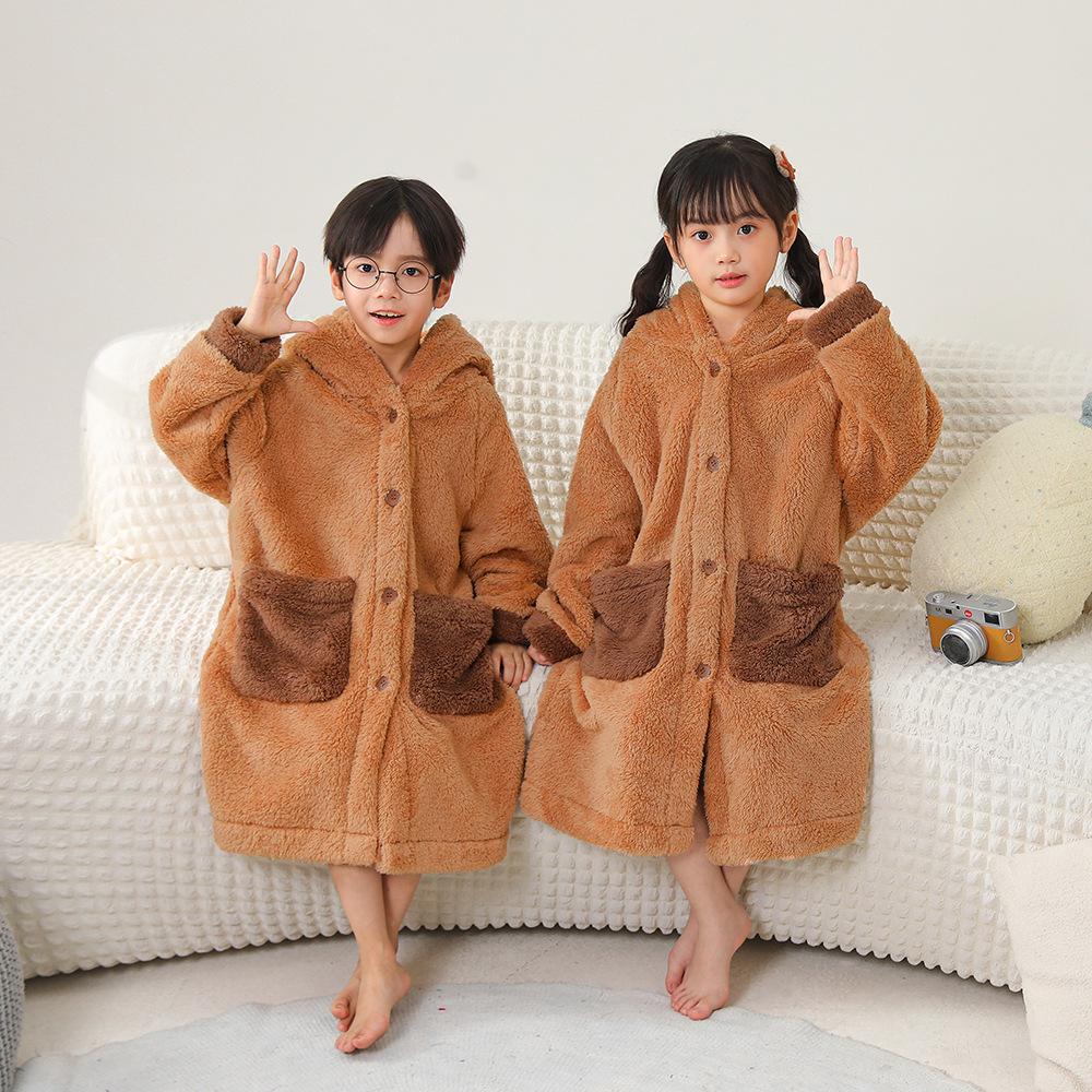 Dicke Kapibara Kinder-Schlafanzüge aus Korallenfleece - Herbst & Winter Langer Bademantel für Jungen, Mädchen & Babys