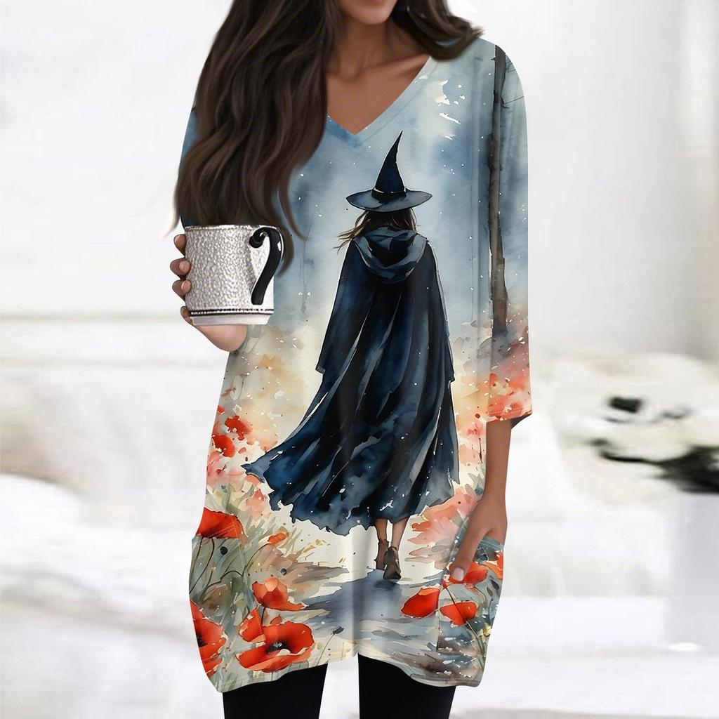 Women's Halloween Print V-Neck Tunic Top with Pockets 3/4 Sleeve for Casual Fall Wear