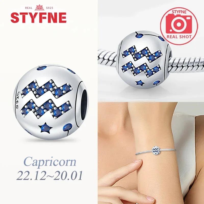 Zircone Blu Elegante Dodici Simboli Zodiacali Gemelli Leone Bilancia Perla in Rame Autentico Adatta a Braccialetti da Donna Fai da Te Regali Accessorio