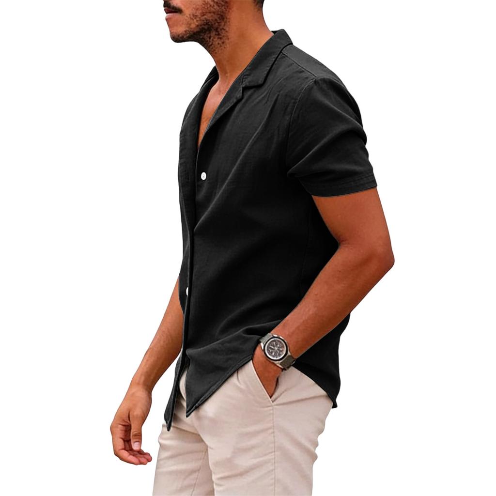 Men's Casual Collar Relaxed Short-sleeved Shirt - Men's Plain Cotton And Linen Breathable Shirt