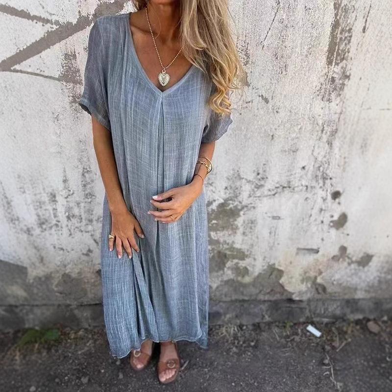 2026 New Casual Spring/Summer Loose Dress Short Sleeve V-Neck Solid Color Cotton-Linen Dress