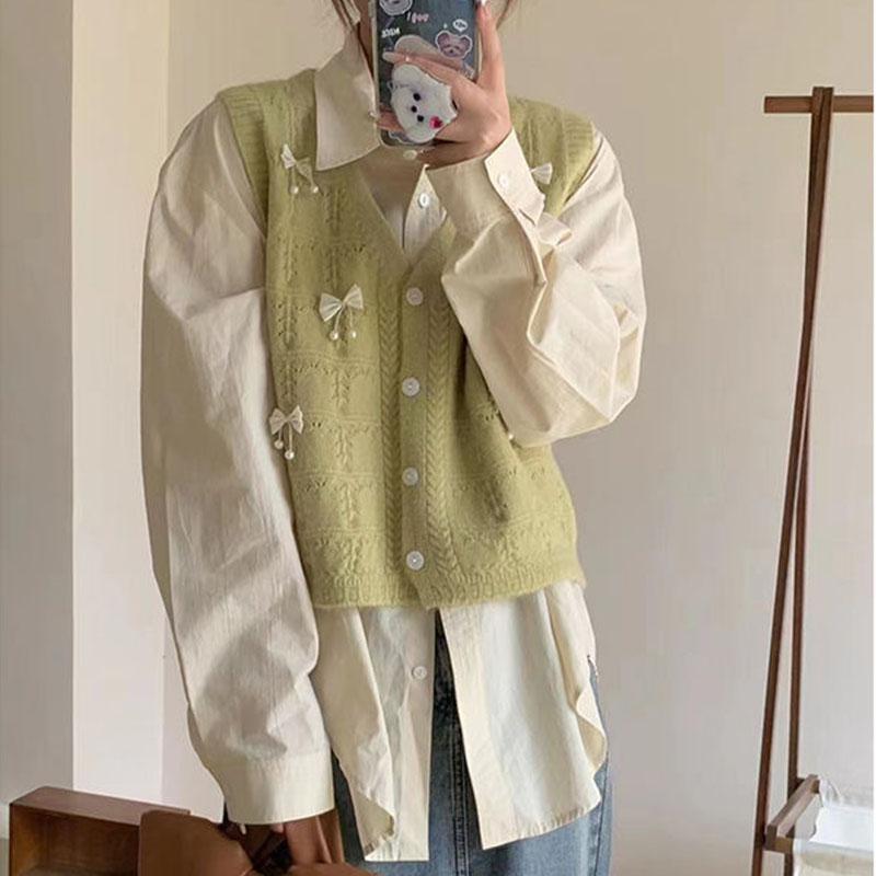 

Французский милый вязаный кардиган с бантом, жилет, женский осенне-зимний новый короткий свитер без рукавов с v-образным вырезом, жилет, кардиган, женское пальто One Size зелёный