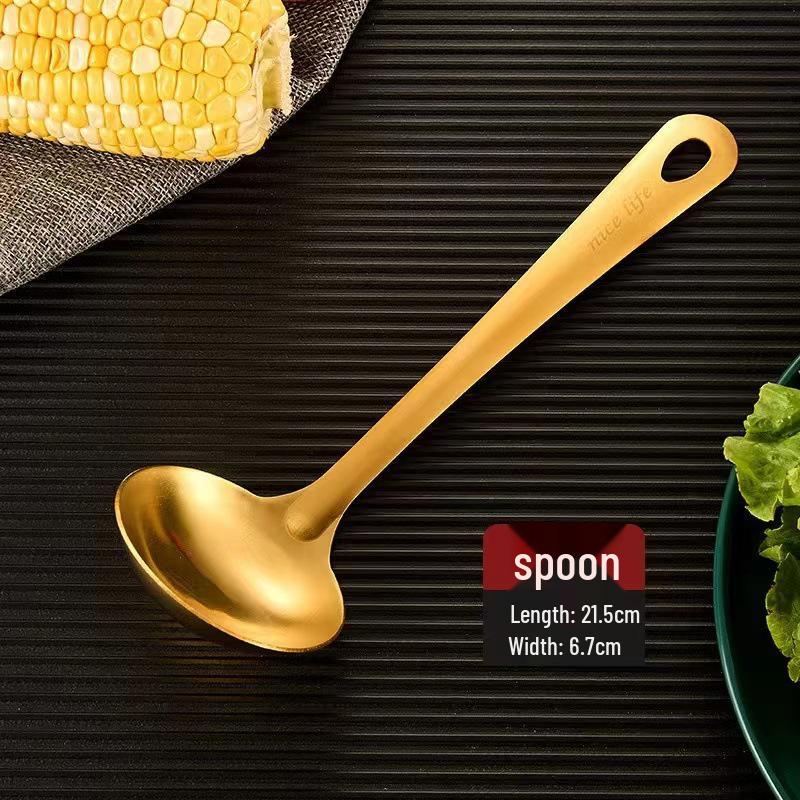 Korean Style Gold-Plated Stainless Steel Kitchen Utensil Set: Non-Magnetic Ladle, Slotted Spoon, and Frying Spatula.