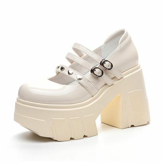 Fashion High Quality 11CM Patent Genuine Leather Breathable Buckle Platform Chunky Heels Pumps Summer Ankle Boots Mary Jane Casual Shoes