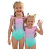 Girls One Piece Swimsuit Gradient Print Sleeveless Ruffle Shoulder Swimwear Summer Beachwear Kids Bathing Suit