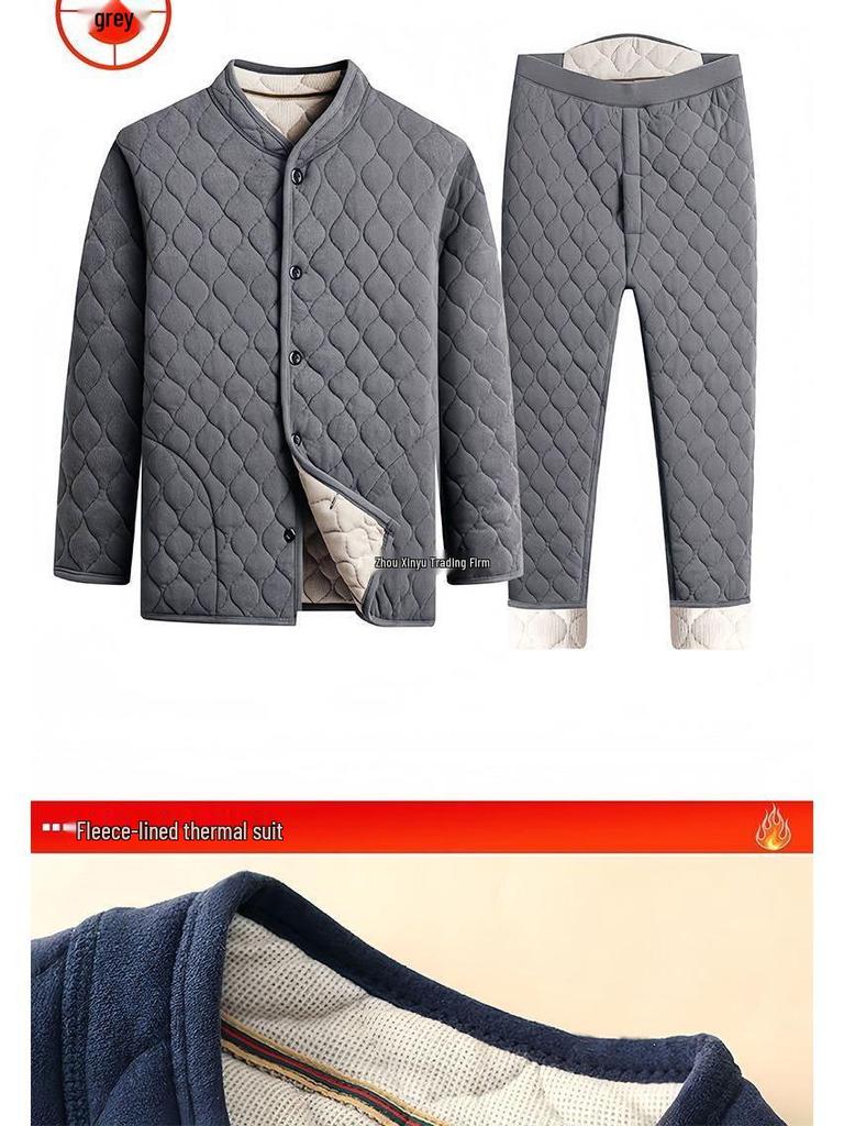 Men's Winter Plush Jacket & Pants Set - Thickened Cotton Outerwear for Middle-aged & Elderly Warmth