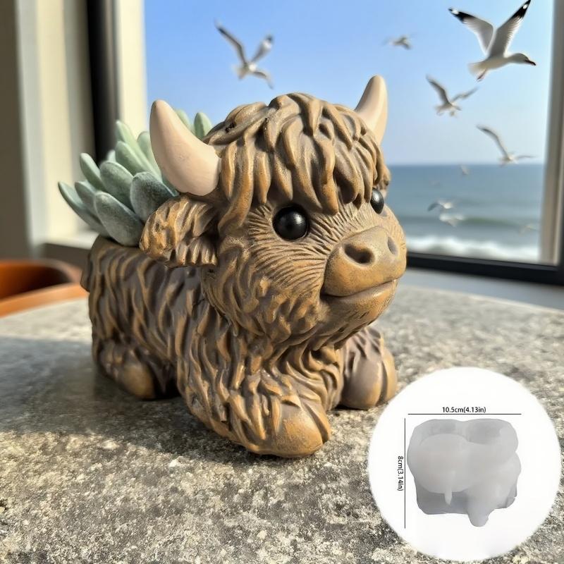 Highland Yak Candle Cup Silicone Mold for Epoxy Resin DIY Harvest Festival Scottish Cow Flower Pot Gypsum Decoration