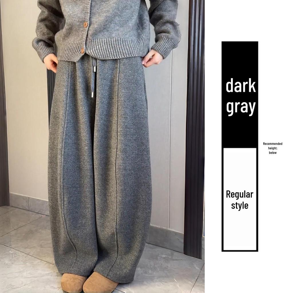 Women's Winter High Waist Loose Woolen Wide Leg Pants - Deep Gray Draping with Plush Lining.