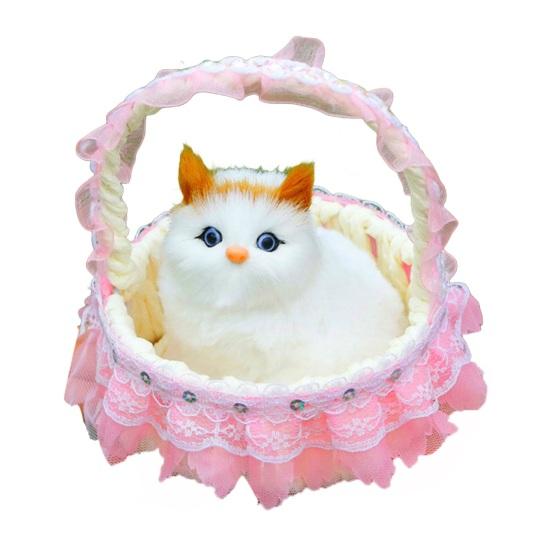 Cat In Flower Basket Model High Fidelity Fuzzy Kitty Shirring Lace Decor Battery-operated Soft Touch Plush Squeaking Feature Toy Figurine Holiday