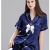 Girls' Imitation Silk Pajama Set - Short Sleeve Top & Long Pants, Lapel Design, Spring/Summer Homewear