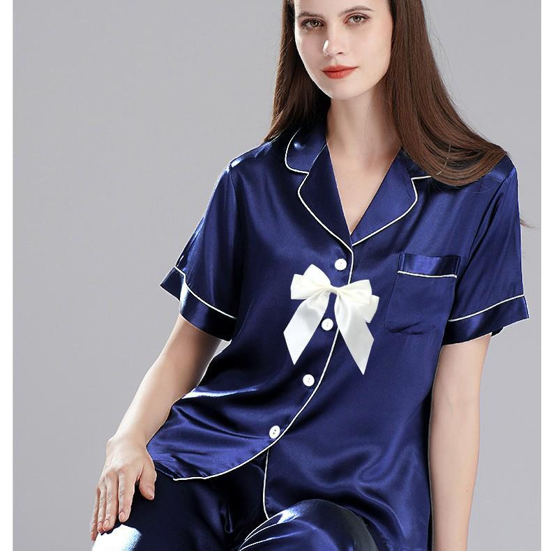 Girls' Imitation Silk Pajama Set - Short Sleeve Top & Long Pants, Lapel Design, Spring/Summer Homewear
