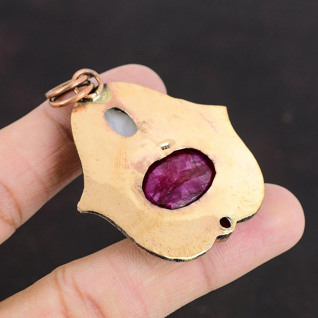 Faceted Kashmir Ruby Pendant Rainbow Moonstone Pendant Mozambique Garnet Pendant Copper Pendant Beautiful Gemstone Jewelry Handmade Pendant