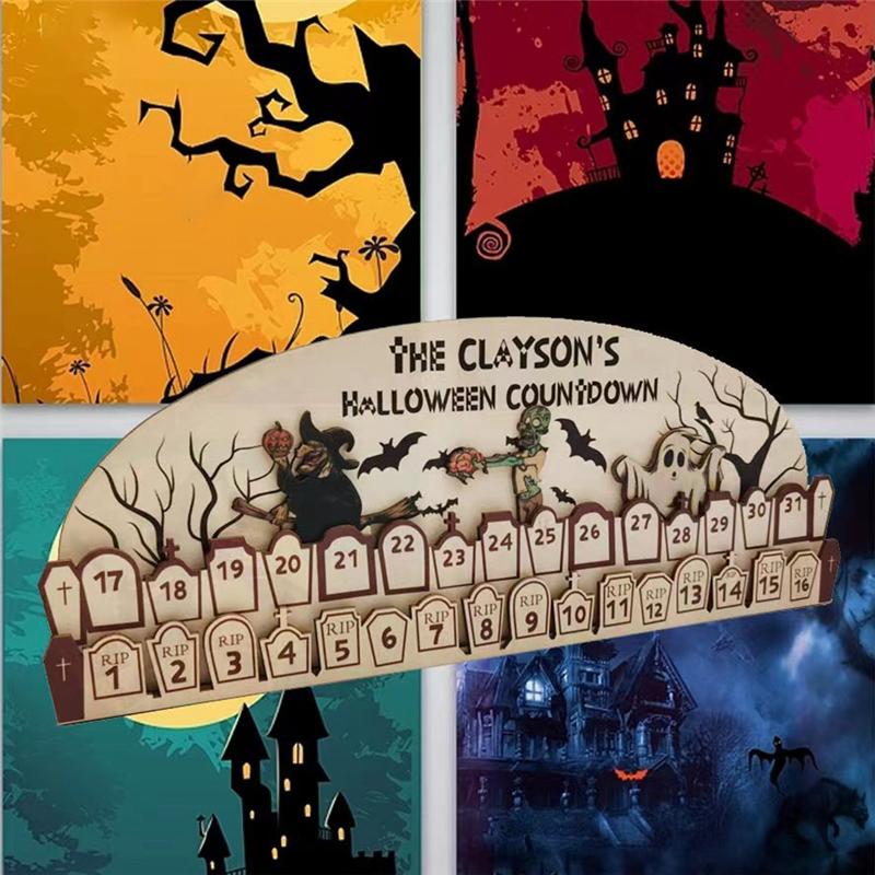 VOFUN-Halloween Advents Calendar(2023 New) 31 Day Halloween Moving Wooden Block Calendar With Three