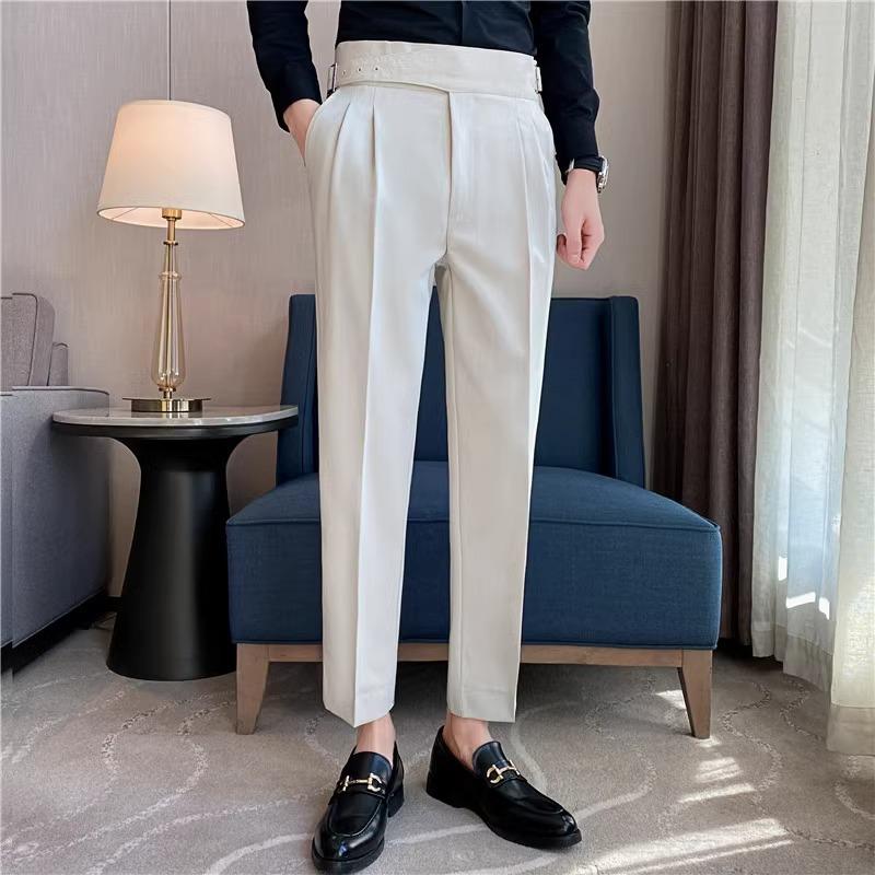 British Style Men High Waist Casual Pant Men Belt Design Slim Trousers Formal Office Social Wedding Party Pants