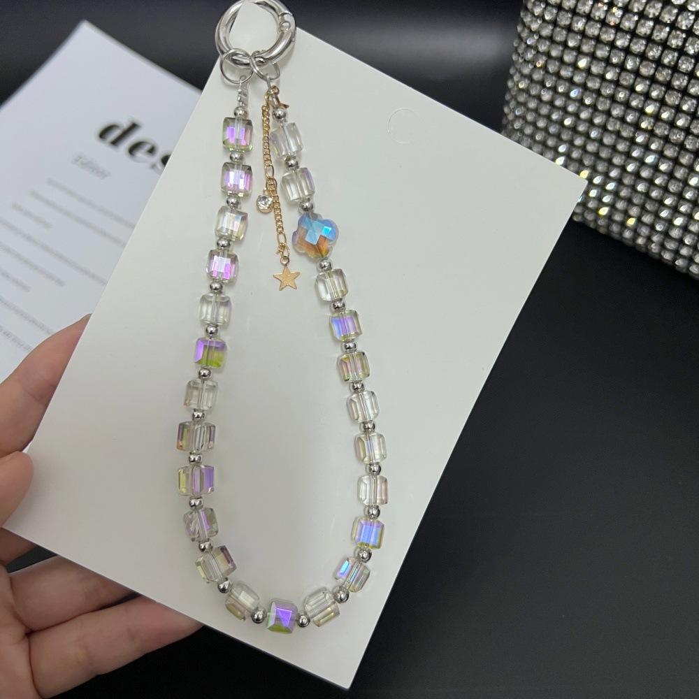 Luksusowy Błyszczący Kryształowy Frędzel Gwiazda Przezroczyste Koraliki Łańcuszek Ręczny Krótka Smycz na Nadgarstek Z Klipsem Etui na Telefon Komórkowy Breloczek Łańcuszek