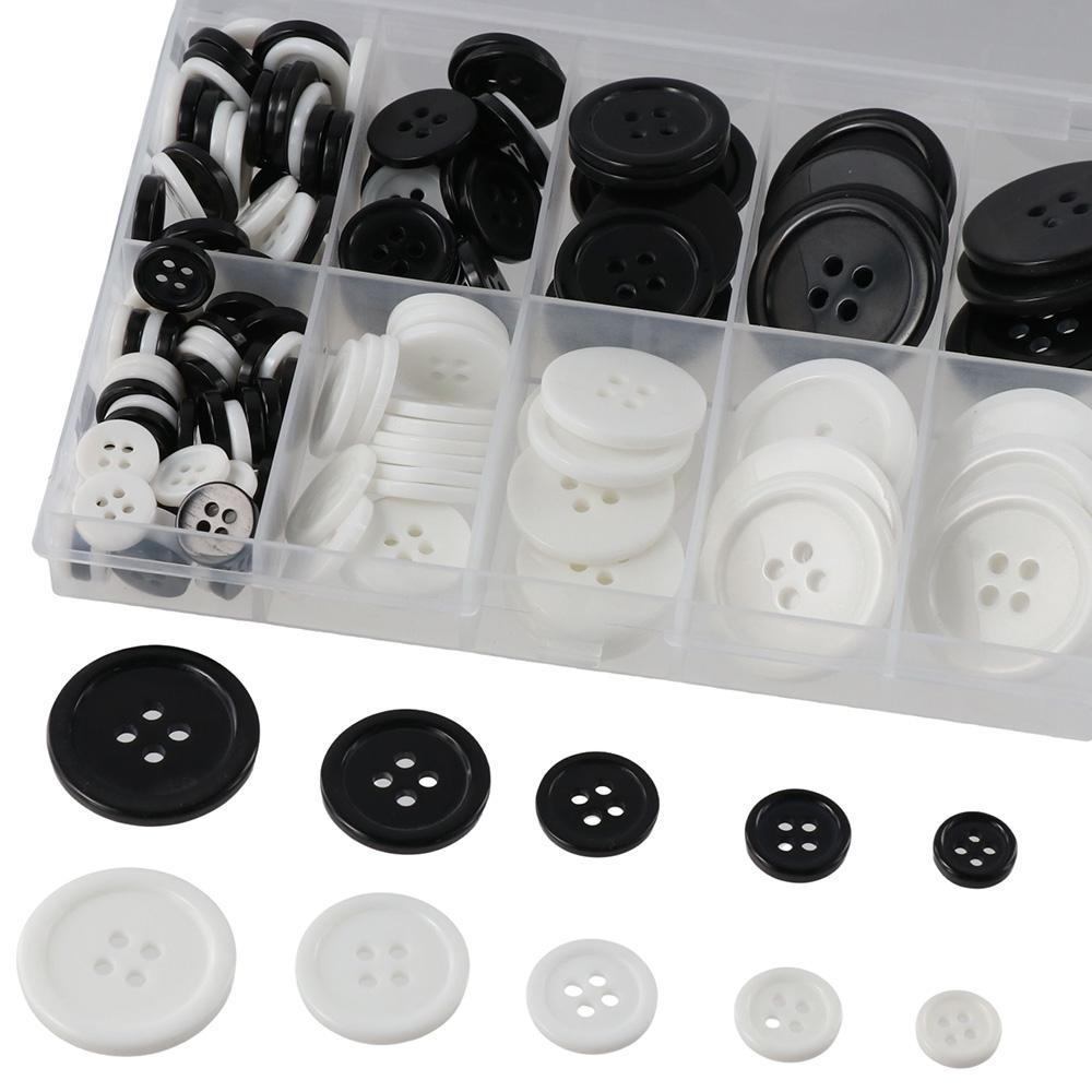 

160 PCS DIY Craft Projects Resin Buttons 5 Sizes 4-Hole Black Buttons Blcak,White Resin Button Holiday Decoration