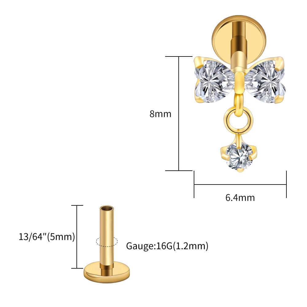 Right Grand ASTM F136 Titanium Bow Dangle CZ Piercing Labret Stud 16G Flat Back Helix Tragus Cartilage Earring Bridal Jewelry