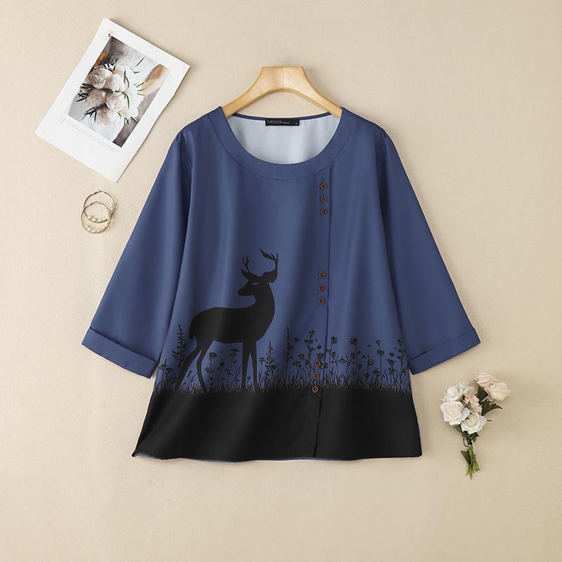 ZANZEA Women Casual Round Neck 3/4 Sleeve Loose Print Blouse