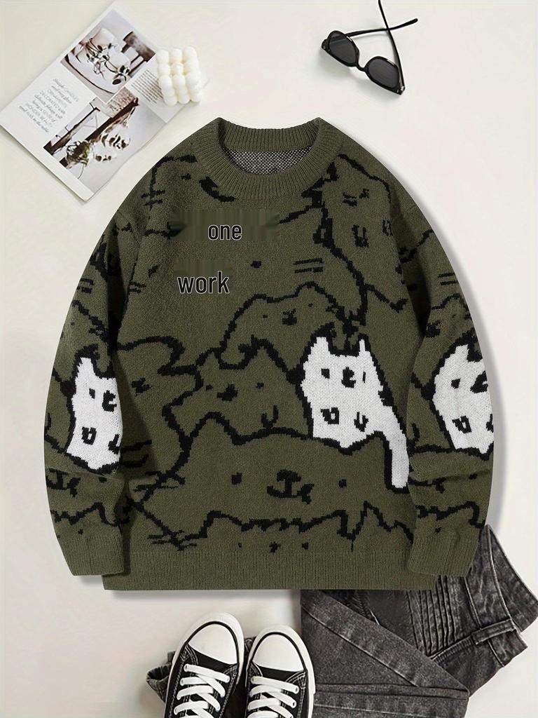Men's Cute Cat Print Knit Pullover - Stylish Fall/Winter Round Neck Sweater