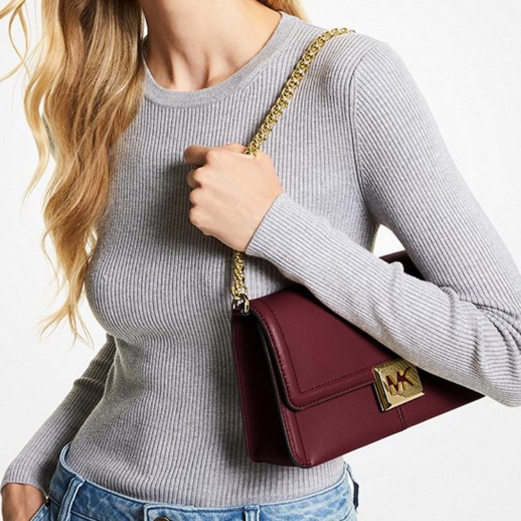 Michael Kors MK Sonia Chain Solid Color Large Logo Flap Leather Shoulder Crossbody Bag Medium Women Bags Berry-Purple 35F1G6SL3L-MERLOT