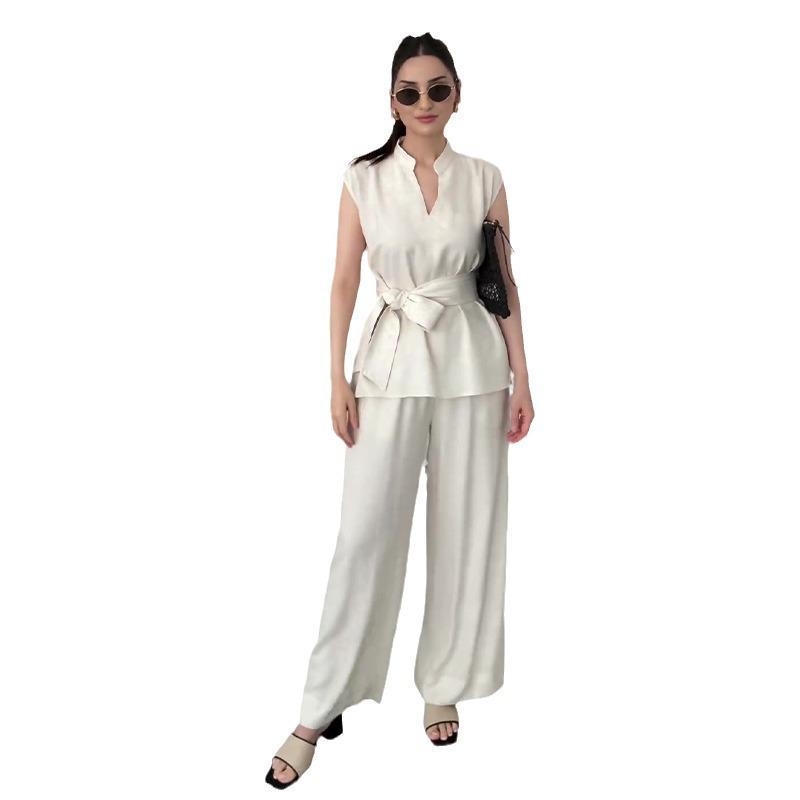 2024 Sommer Damen Einfarbig Ärmellose Weste & Weitbeinige Hose Set