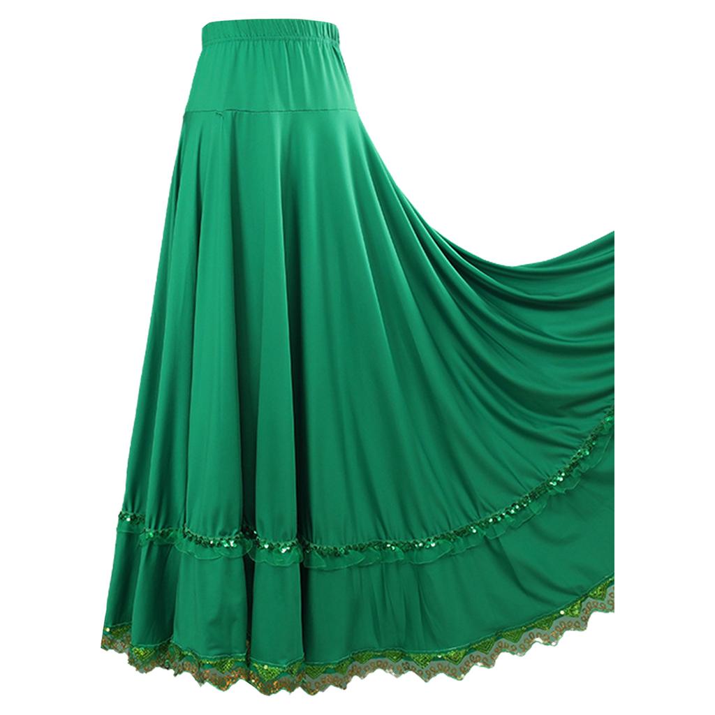 Womens Elastic High Waist Dance Skirt Full Circle Long Skirt Ruffled Lace Trim Ballroom Square Dance Flamenco Skirt