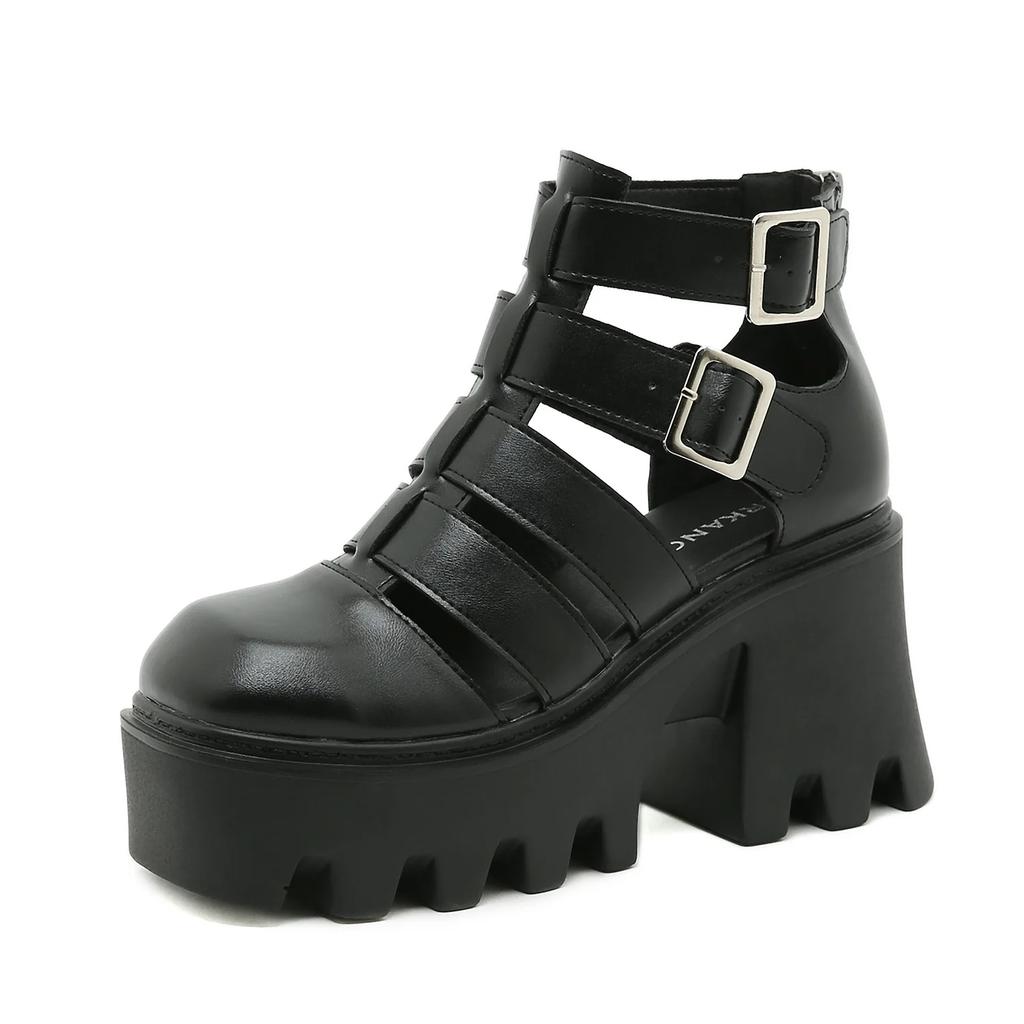 Fashion Square buckle metal summer new toe openwork Roman shoes woven vintage breathable block heel platform cool