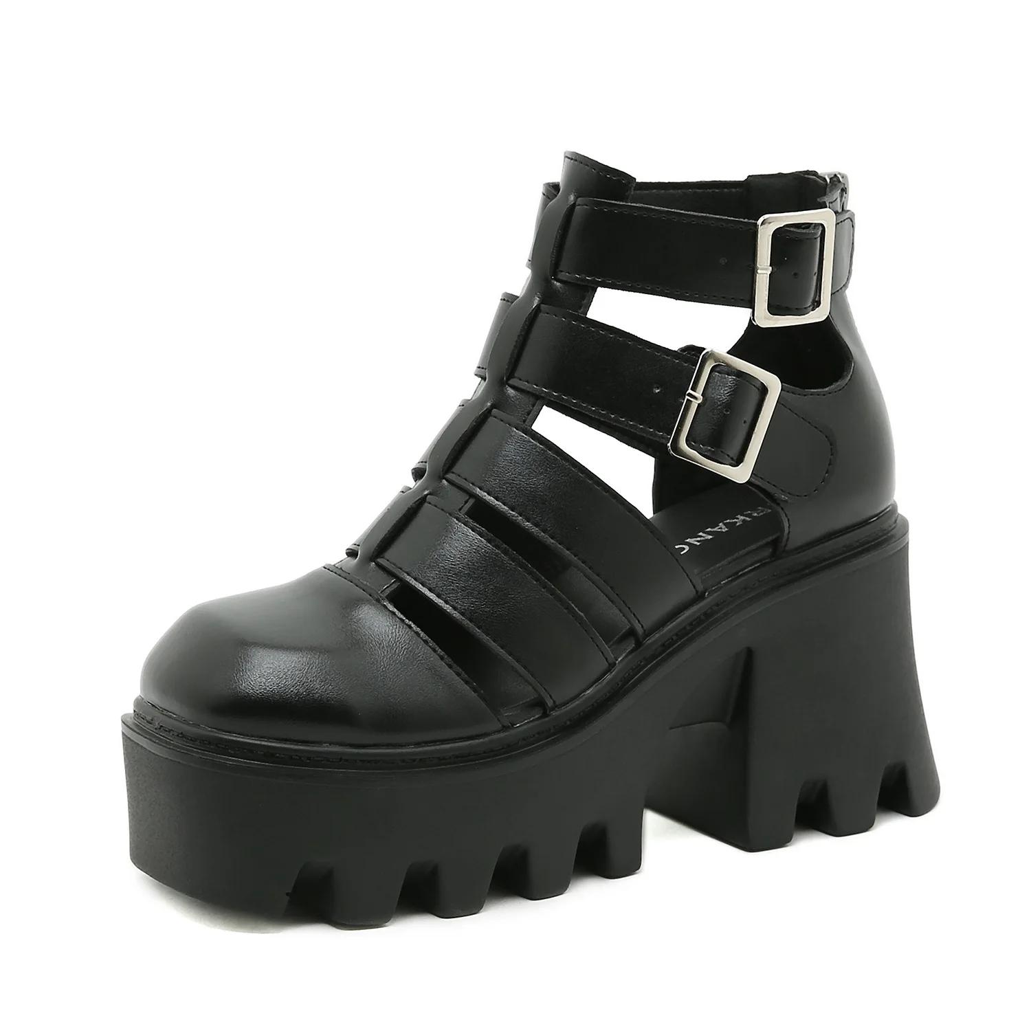 

Square buckle metal summer new toe openwork Roman shoes woven vintage breathable block heel platform cool 35 чёрный