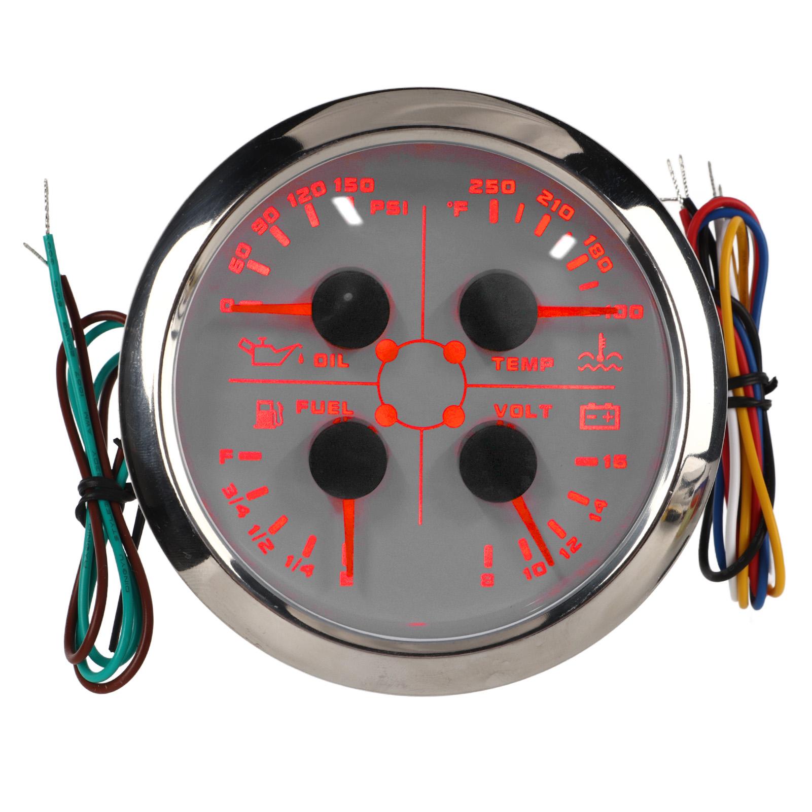 4in1 85mm Guage Multifunction Fuel Level Oil Pressure Water Temp Volt Meter DC 9‑32V for Car RV Boat Motorcycle