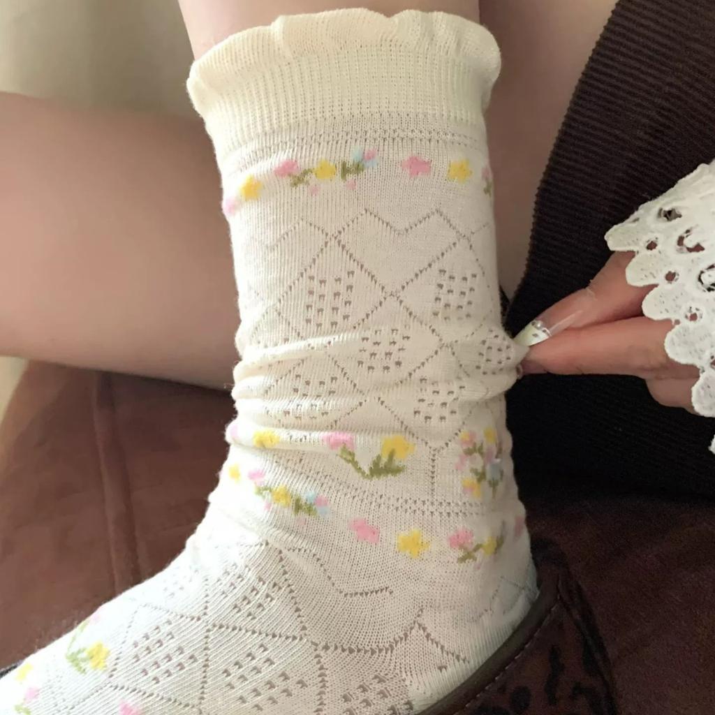 Retro Floral Socks with Children's Hollowed-out Mesh Pattern, Transparent and Soft Mid-length Pile Socks