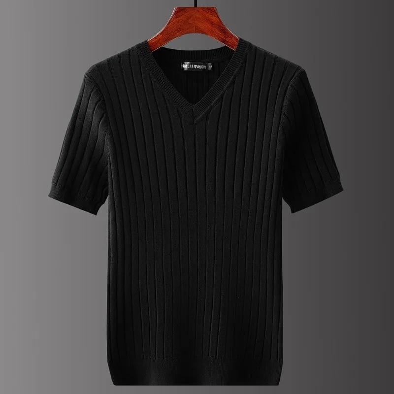 Kurzarm-T-Shirts für Herren mit V-Ausschnitt, lässiges Strick- und Streifen-Oberteil, alltagstauglicher Pullover in Volltonfarbe, weiches, schmal geschnittenes, atmungsaktives T-Shirt
