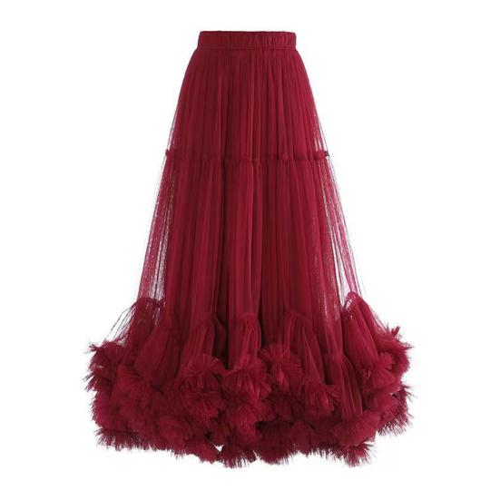 Mesh Yarn Midi Skirt High Elastic Waist Ruffles Trim A-line Skirt