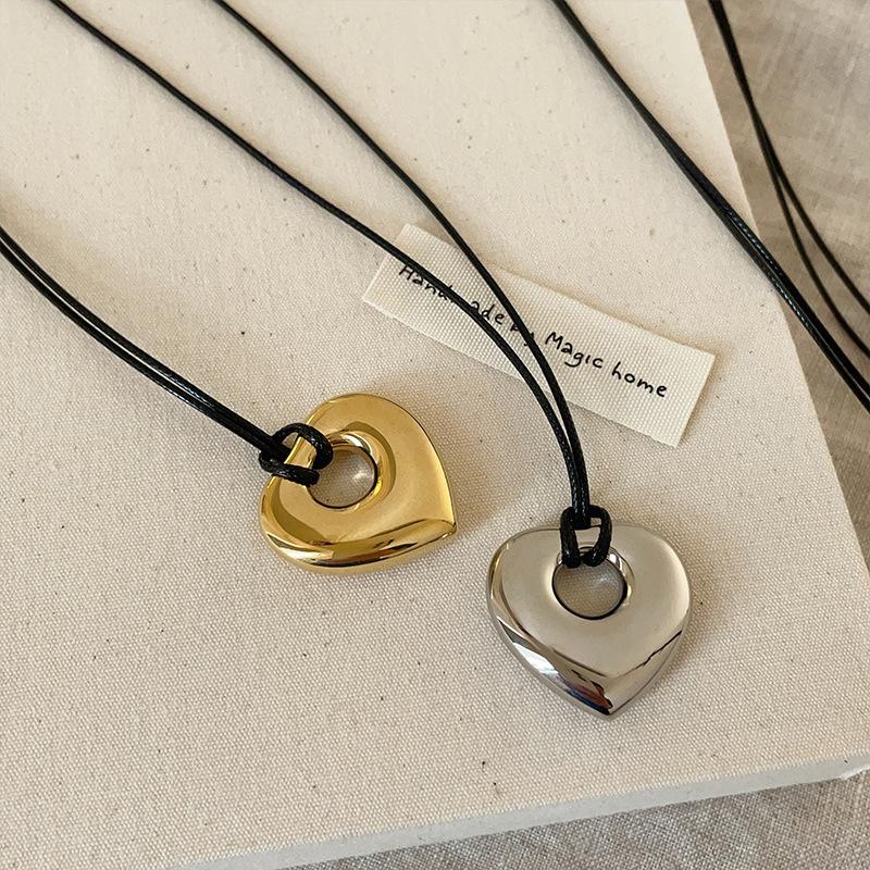 Colier lung cu frânghie din piele neagră, metal, gol lucios, lanț pentru gât, versatil, lanț pentru pulover