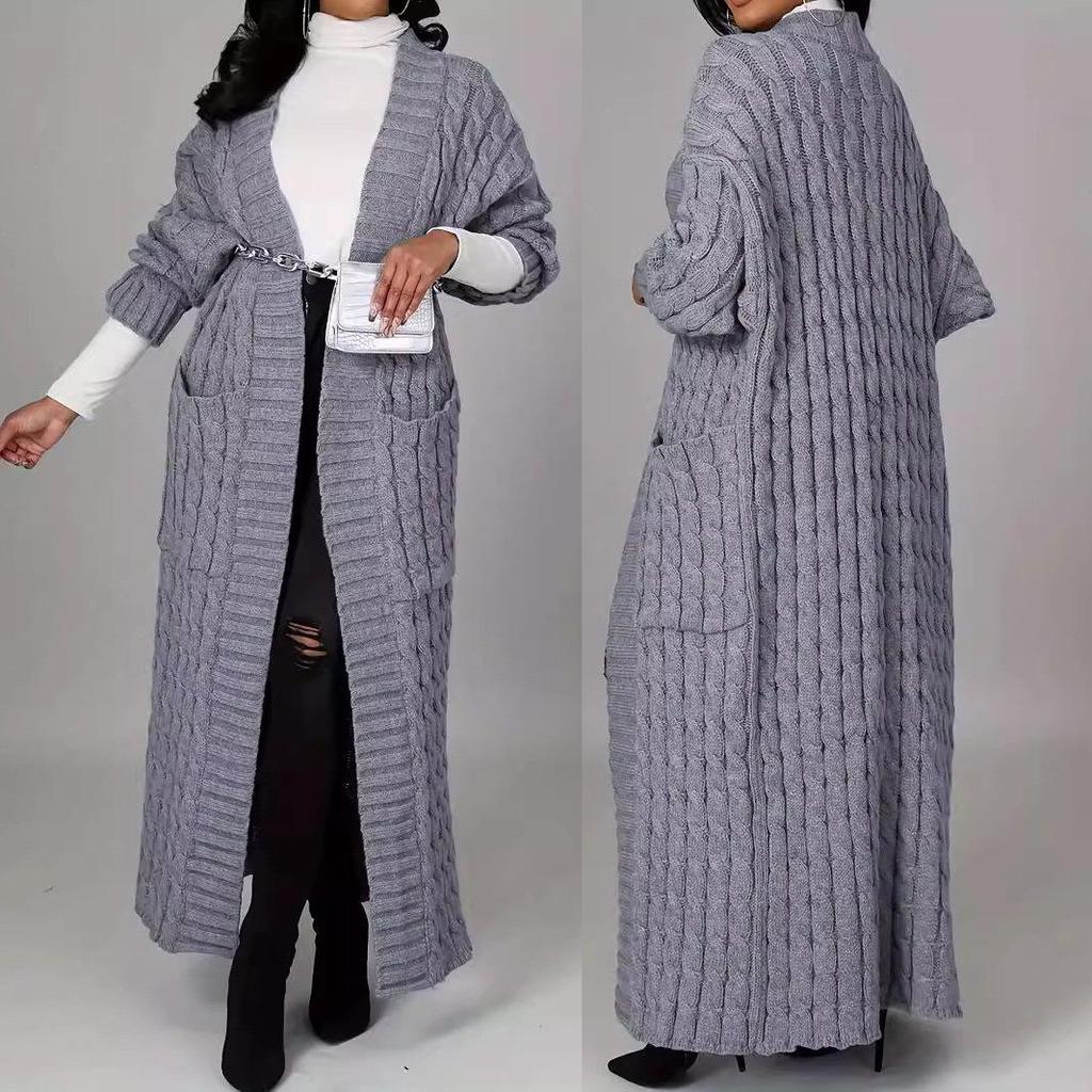 European and American Women's Autumn/Winter Casual Long Sleeve Cardigan with Pockets - Solid Color Sweater