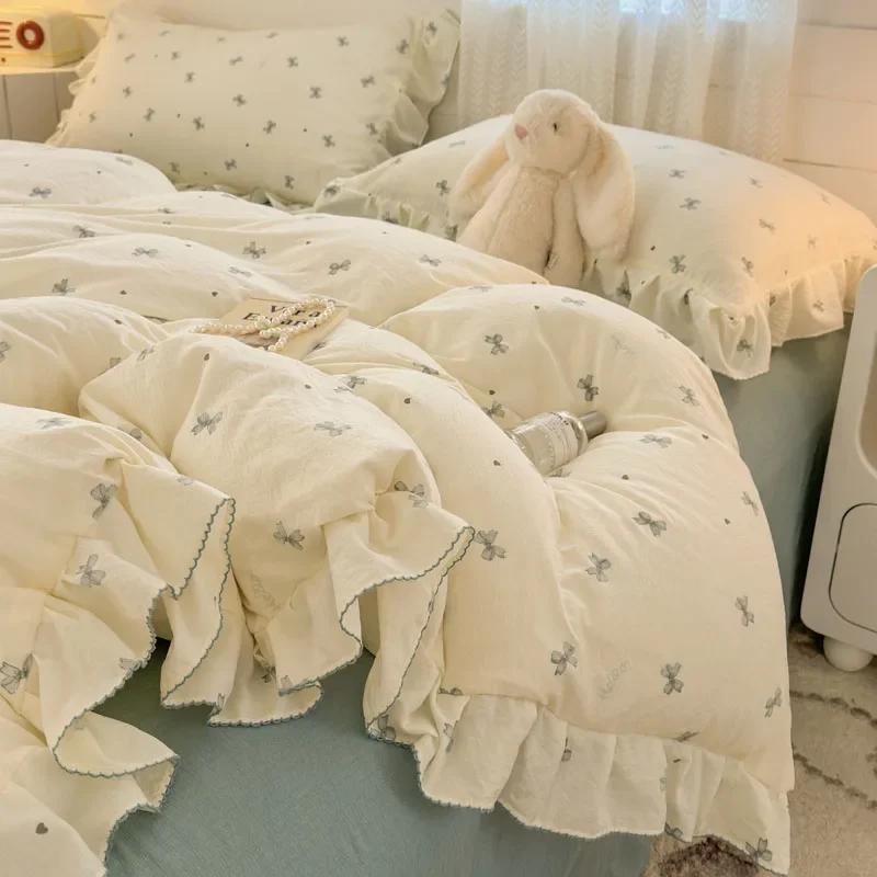 Princess Style Bedding Sets Ruffle Lace Bow Quilt Cover Romantic Bedclothes Decor Woman Girls Bedroom Duvet Cover 4pcs