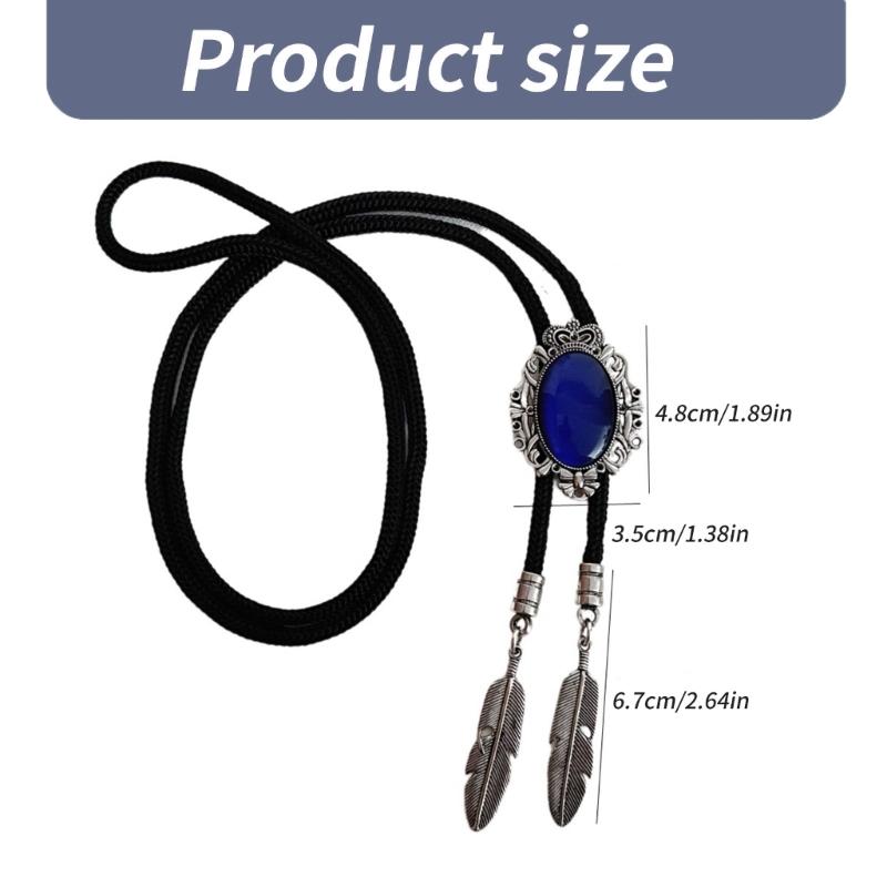 Men Women Handmade Vintage Bolo Tie Western Cowboy Braided Rope Necktie with Antique Stone Feathered Pendant Necklace