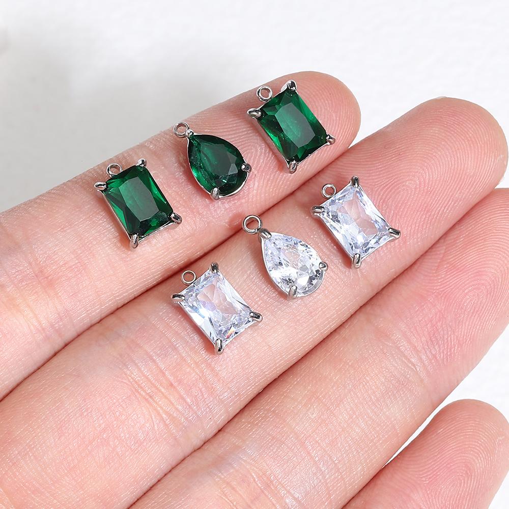 10pcs 5pcs Stainless Steel Zircon Pendants Green Transparent Crystal Charms Beads for Necklace Bracelet Jewelry Making Charm DIY