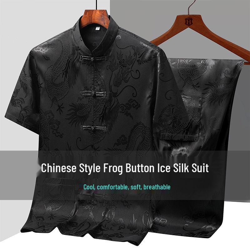 Men's Ice Silk Tang Suit Short Sleeve Set - Chinese Style Summer Clothing for Middle-Aged and Elderly