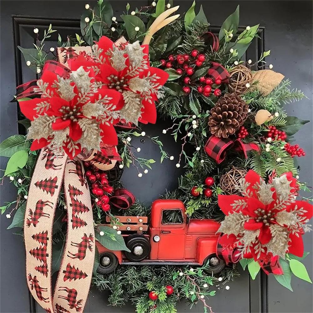 13cm Glitter Artifical Christmas Flowers Merry Christmas Tree Decoration Happy New Year Ornaments Xmas Fake Flowers Gifts