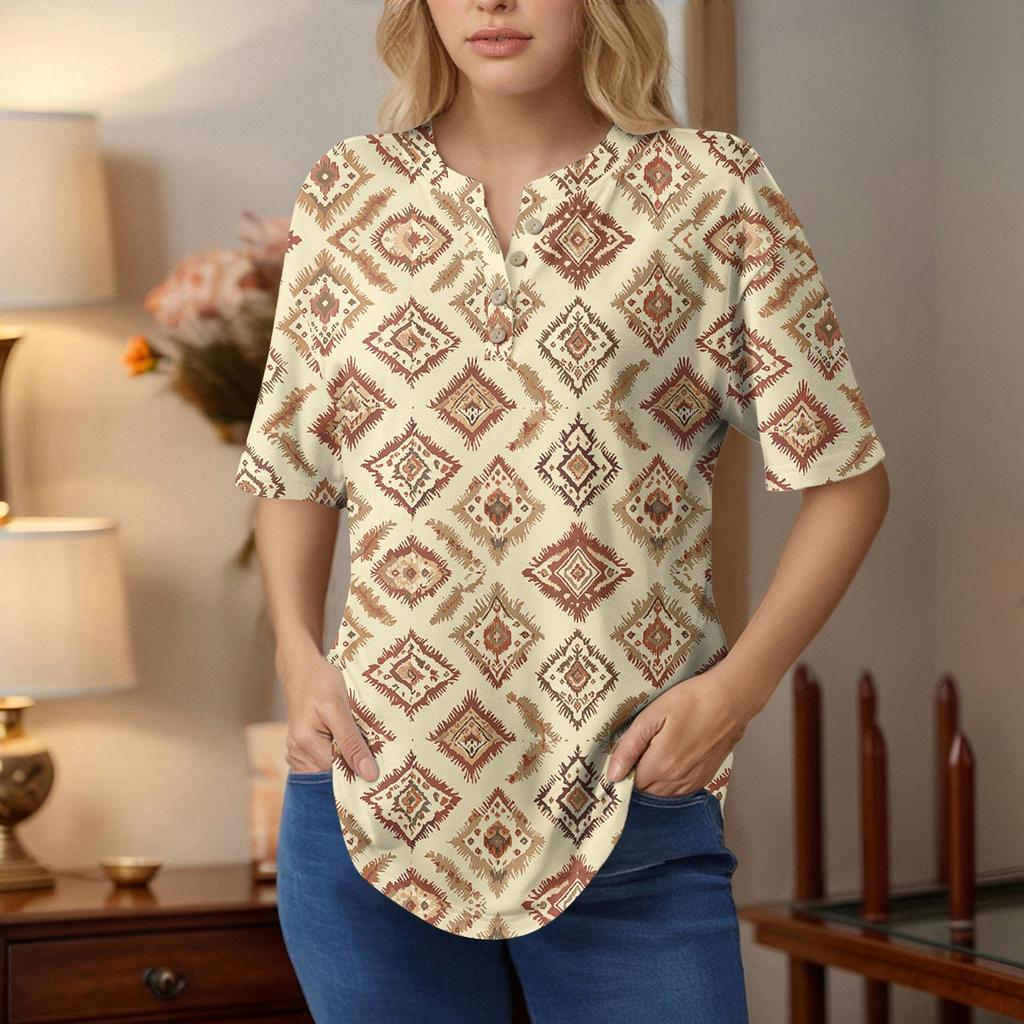 Dámské topy s krátkým rukávem, letní trička, květinový potisk, výstřih do V, ležérní základní trička s knoflíky, tuniky