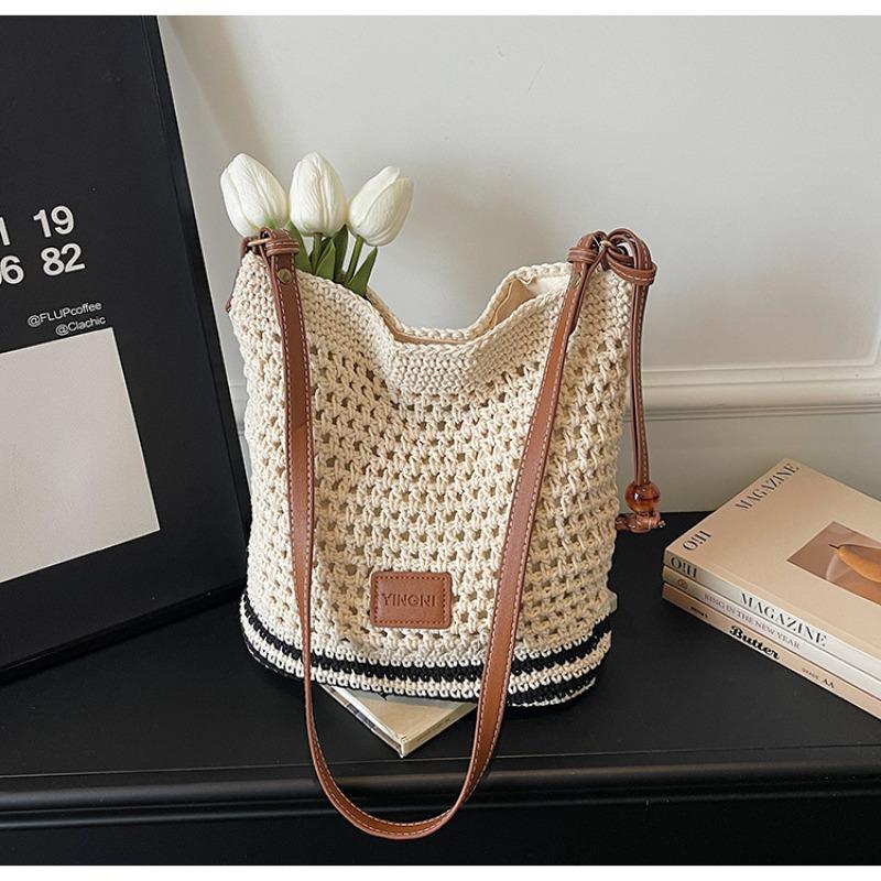 Grid-eye Hollowed-out Interwoven Knitted Large-capacity Shopping Bag with Shoulder Strap and Side Carry for Women