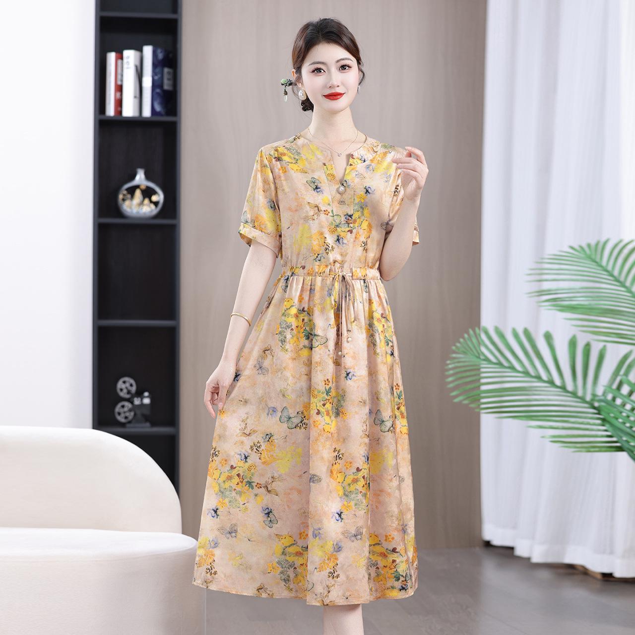 2026 Summer V-Neck Waist-Cinching Short-Sleeve Printed Cotton Linen Dress XL (45-52.5 kg)