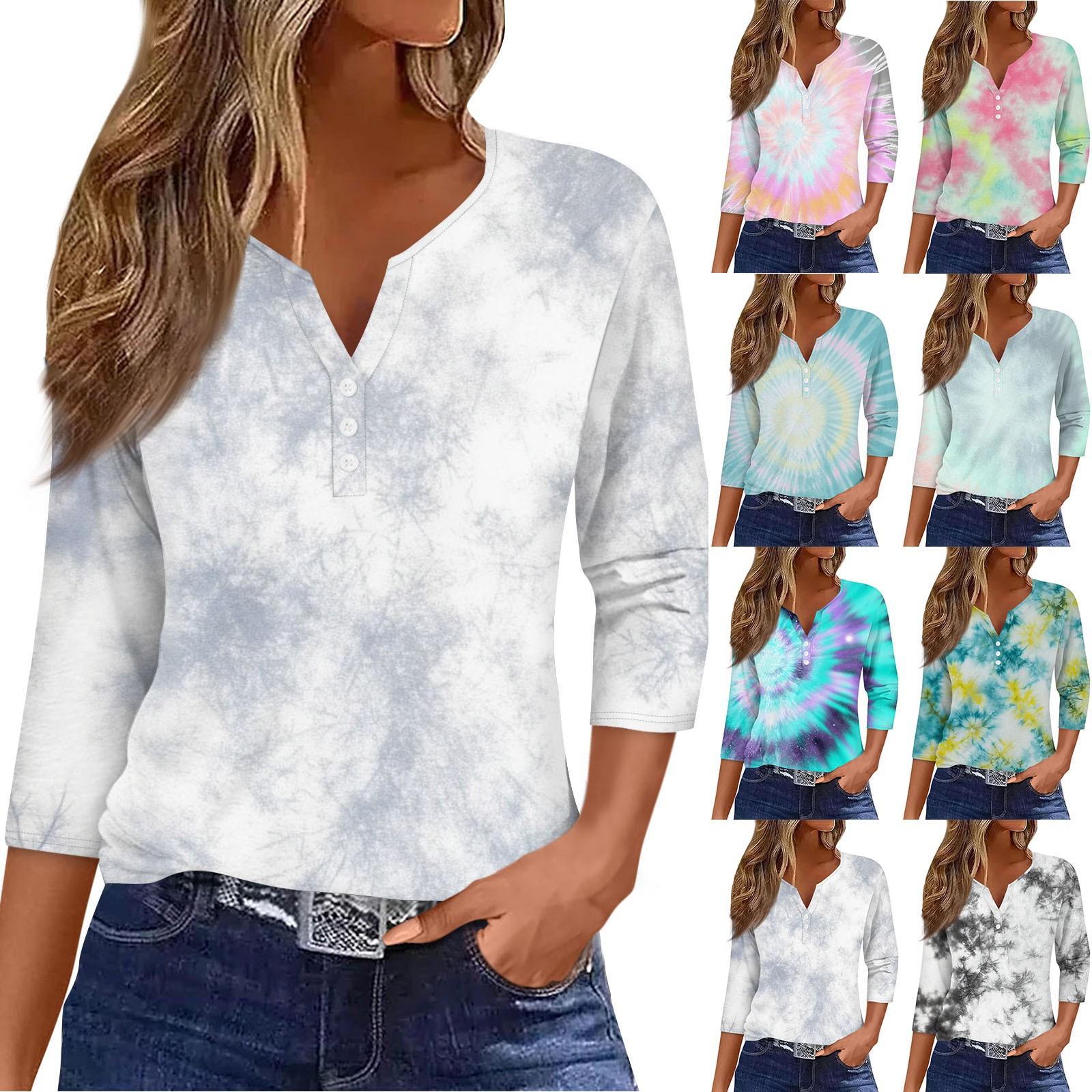 

Жіноча футболка з принтом на ґудзиках, рукав 3/4, щоденна мода на вихідні, базовий V-подібний виріз, звичайний топ S