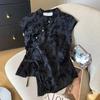 Camicia Sottile Retro Stile Cinese Cheongsam T-shirt Nera Jacquard a Maniche Corte Moda Estiva Abbigliamento Donna