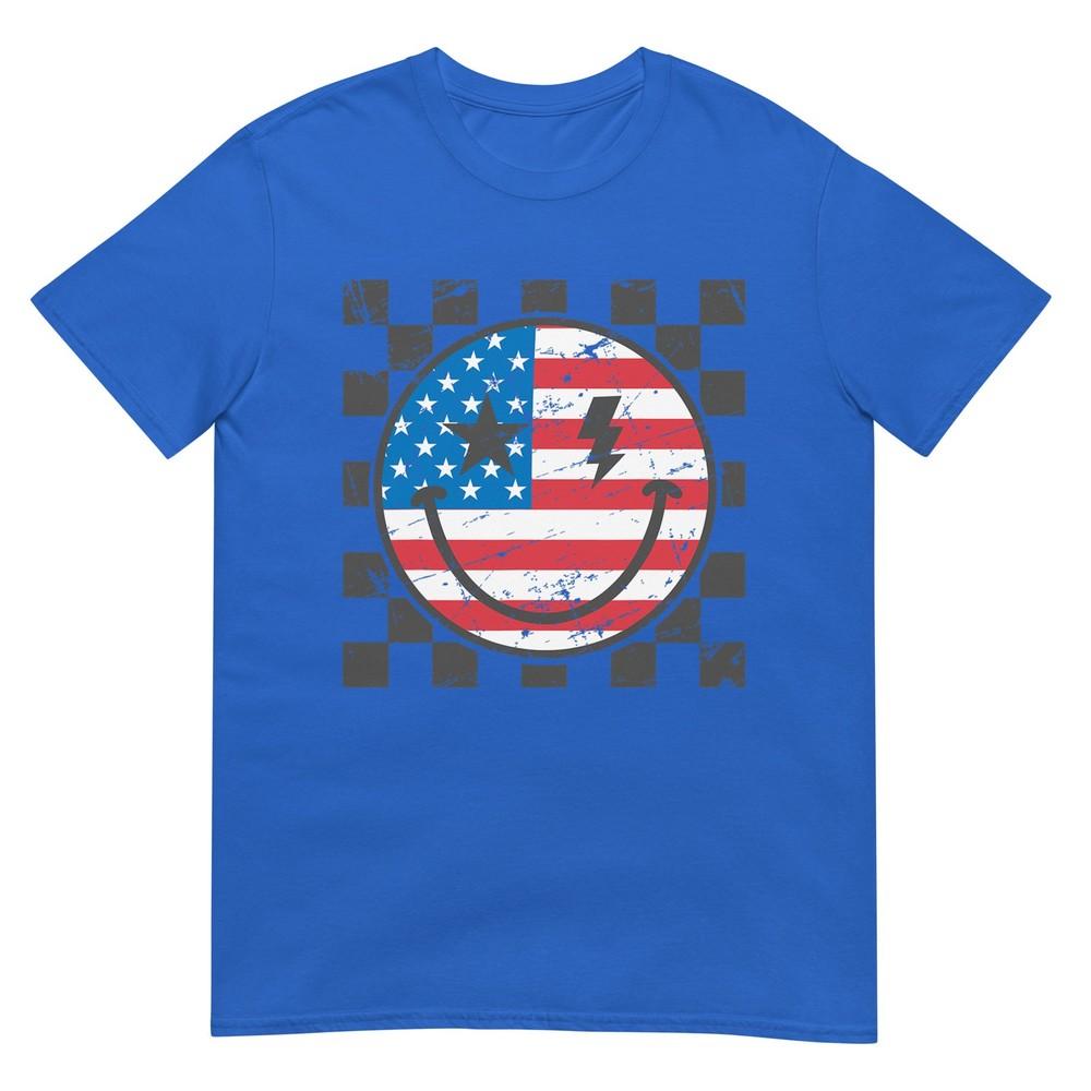 Happy 4th Of July Groovy Smile Face Red White Blue Usa Tshirt
