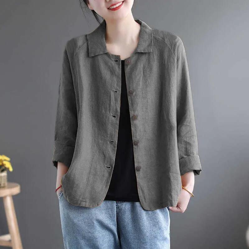 

Women s Linen Blend Button Down Shirt Lapel Collar 3/4 Sleeve Loose Fit Casual Blouse L сірий колір