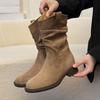 Soft Leather Version~ Western Pleated Short Boots Women'S Stacking Boots Retro British Style Small Inner Height Increase Short Martin Boots