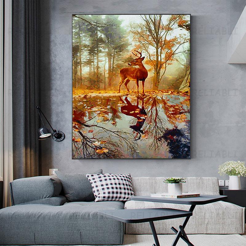Abstract Canvas Painting with Animals, Deer Painting, Landscape, Horns, Posters and Prints for Living Room Decor, House Decoration, Cuadros
