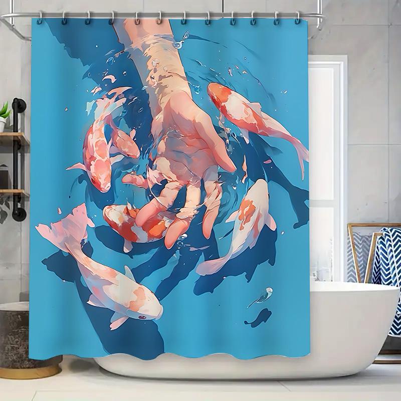 

Elegant Koi Fish Play Water Pattern Waterproof Shower Curtain, Add A Touch Of Nature Art To Your Bathroom Complimentary Hook W60H190(CM)-1 Pcs